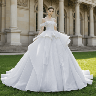 Off Shoulder Sparkly Ballgown Bridal Wedding Dress Long Train - Rosymae