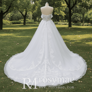 Off Shoulder Sparkly Tulle Ballgown A-Line Wedding Dresses - Rosymae