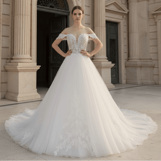 Off Shoulder Sparkly Tulle Ballgown A-Line Wedding Dresses - Rosymae