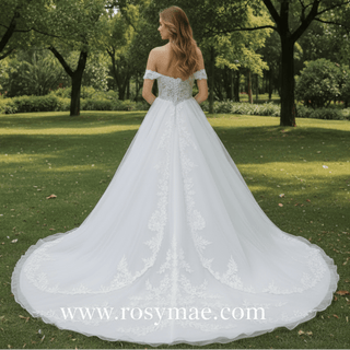 Off Shoulder Sparkly Tulle Ballgown A-Line Wedding Dresses - Rosymae