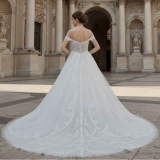 Off Shoulder Sparkly Tulle Ballgown A-Line Wedding Dresses - Rosymae