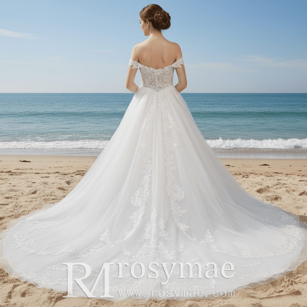 Off Shoulder Sparkly Tulle Ballgown A-Line Wedding Dresses - Rosymae