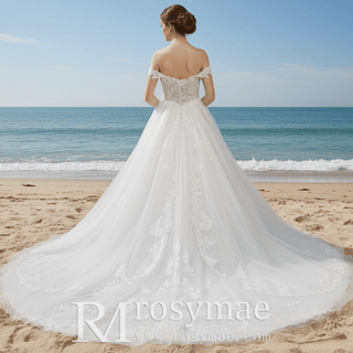 Off Shoulder Sparkly Tulle Ballgown A-Line Wedding Dresses - Rosymae