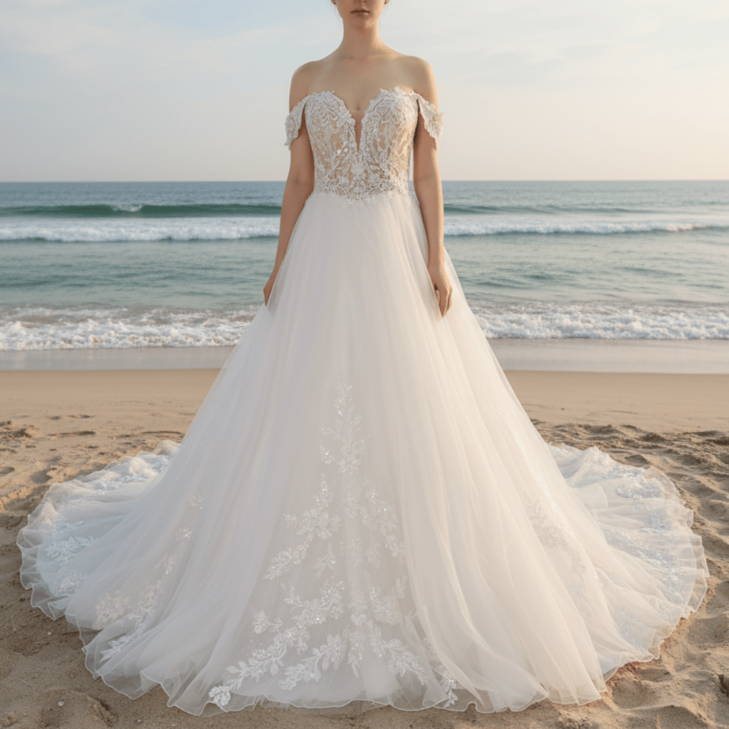 Off Shoulder Sparkly Tulle Ballgown A-Line Wedding Dresses - Rosymae