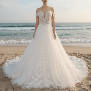 Off Shoulder Sparkly Tulle Ballgown A-Line Wedding Dresses - Rosymae