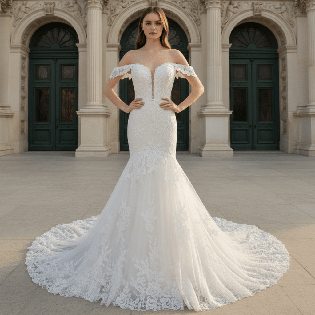 Off Shoulder Sweetheart Lace Trumpet Mermaid Wedding Dresses - Rosymae