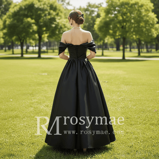 Off Shoulder Tea Length Little Black Wedding Dress Bridal Gown - Rosymae