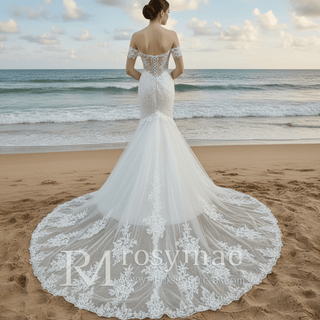 Off Shoulder Trumpet Lace Bridal Gown Wedding Dress Plunging - Rosymae