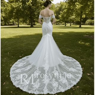 Off Shoulder Trumpet Lace Bridal Gown Wedding Dress Plunging - Rosymae