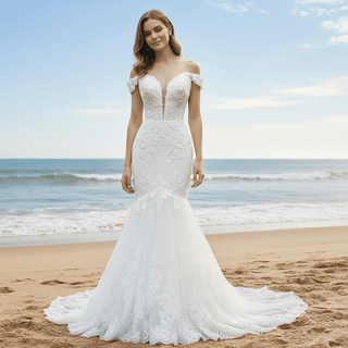 Off Shoulder Trumpet Lace Bridal Gown Wedding Dress Plunging - Rosymae