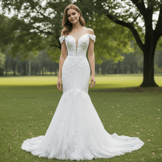 Off Shoulder Trumpet Lace Bridal Gown Wedding Dress Plunging - Rosymae
