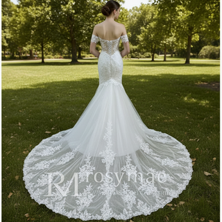 Off Shoulder Trumpet Lace Bridal Gown Wedding Dress Plunging