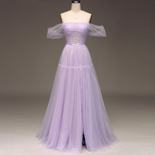 Princess Leg Slit Lilac Tulle A Line Prom Dress with Off the Shoulder