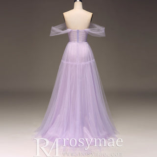 Princess Leg Slit Lilac Tulle A Line Prom Dress with Off the Shoulder
