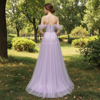 Princess Leg Slit Lilac Tulle A Line Prom Dress with Off the Shoulder