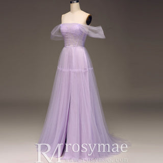 Princess Leg Slit Lilac Tulle A Line Prom Dress with Off the Shoulder