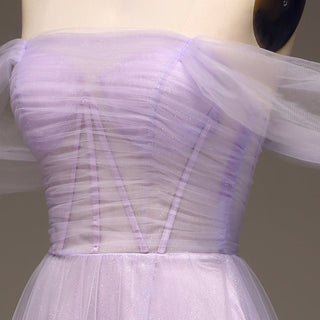 Princess Leg Slit Lilac Tulle A Line Prom Dress with Off the Shoulder