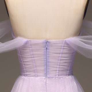 Princess Leg Slit Lilac Tulle A Line Prom Dress with Off the Shoulder