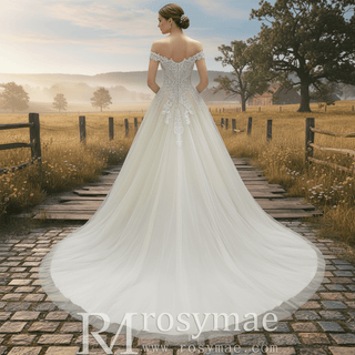 Off Shoulder V Neck and V Back A-line Wedding Dress Light Champagne - Rosymae