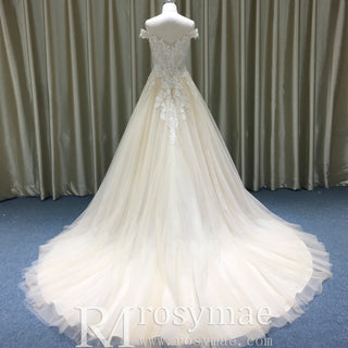 Off Shoulder V Neck and V Back A-line Wedding Dress Light Champagne - Rosymae