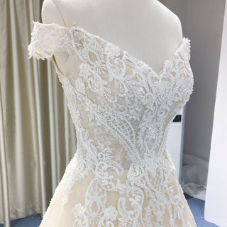 Off Shoulder V Neck and V Back A-line Wedding Dress Light Champagne - Rosymae