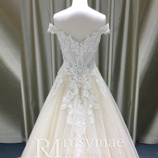 Off Shoulder V Neck and V Back A-line Wedding Dress Light Champagne - Rosymae