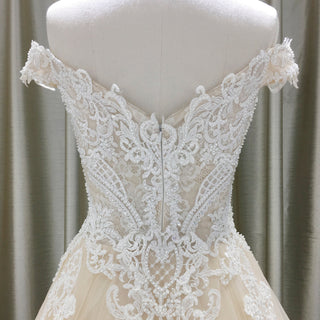Off Shoulder V Neck and V Back A-line Wedding Dress Light Champagne - Rosymae