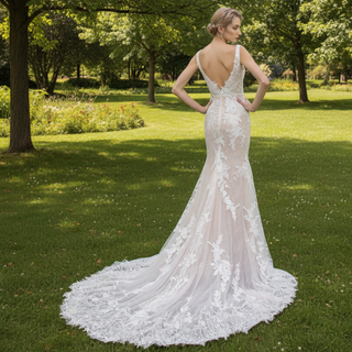 Off Shoulder V-neck Lace Bridal Wedding Dress with Center Slit