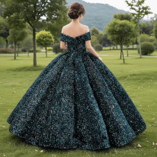 Off Shoulder V Neckline Sparkly Quinceanera Ball Gown - Rosymae