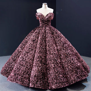 Off Shoulder V Neckline Sparkly Quinceanera Ball Gown - Rosymae