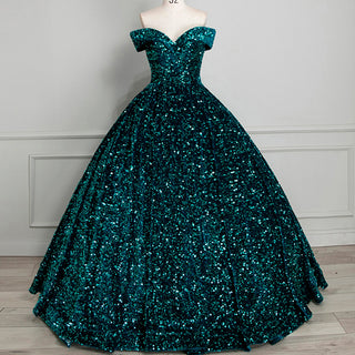 Off Shoulder V Neckline Sparkly Quinceanera Ball Gown - Rosymae