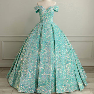 Off Shoulder V Neckline Sparkly Quinceanera Ball Gown - Rosymae