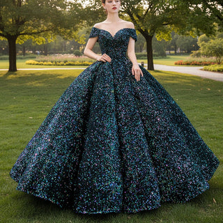 Off Shoulder V Neckline Sparkly Quinceanera Ball Gown - Rosymae