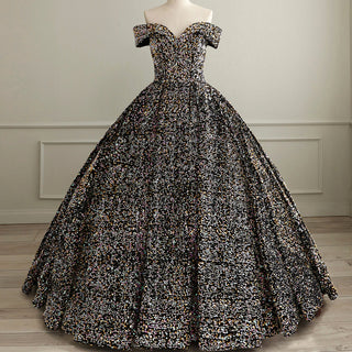 Off Shoulder V Neckline Sparkly Quinceanera Ball Gown - Rosymae