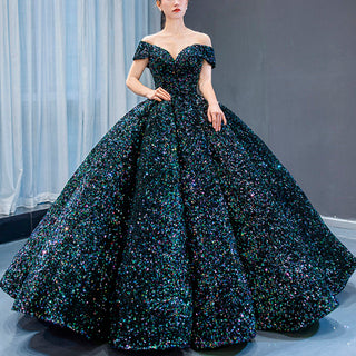 Off Shoulder V Neckline Sparkly Quinceanera Ball Gown - Rosymae