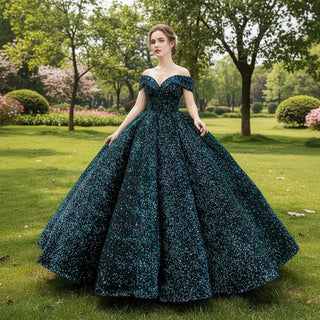 Off Shoulder V Neckline Sparkly Quinceanera Ball Gown - Rosymae