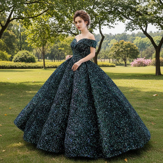 Off Shoulder V Neckline Sparkly Quinceanera Ball Gown - Rosymae