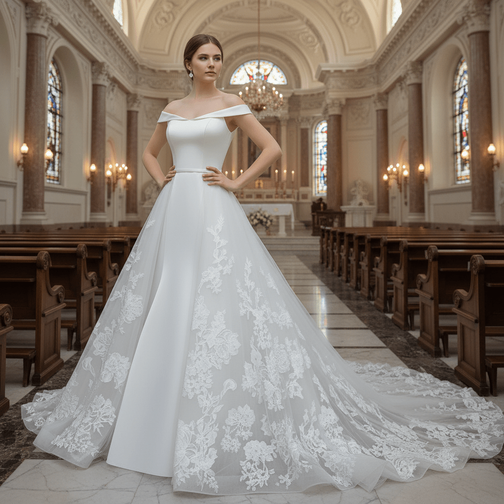 Off Shoulder Wedding Dress Bridal Gown with Convertible Skirt - Rosymae