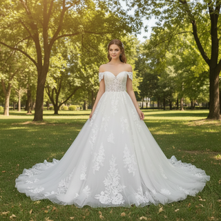 Puff Skirt Ball Gown Off Shoulder Wedding Dress with Long Train