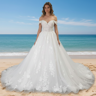 Puff Skirt Ball Gown Off Shoulder Wedding Dress with Long Train
