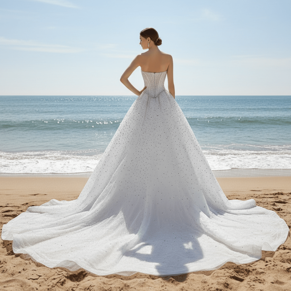 Off Shoulder Wedding Dress with Intricate Pearl Beading and Removable Skirt - Rosymae