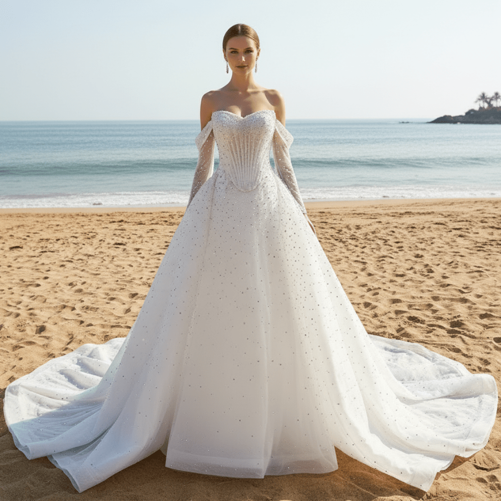 Off Shoulder Wedding Dress with Intricate Pearl Beading and Removable Skirt - Rosymae