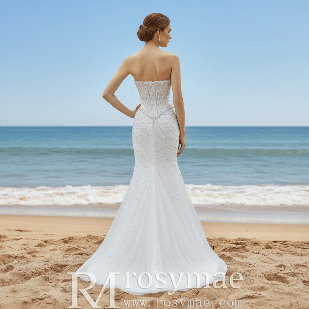 Off Shoulder Wedding Dress with Intricate Pearl Beading and Removable Skirt - Rosymae