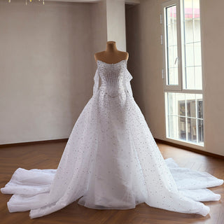 Off Shoulder Wedding Dress with Intricate Pearl Beading and Removable Skirt - Rosymae
