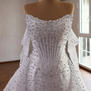 Off Shoulder Wedding Dress with Intricate Pearl Beading and Removable Skirt - Rosymae