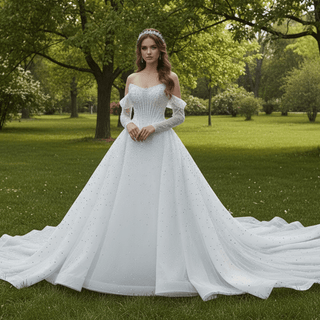 Off Shoulder Wedding Dress with Intricate Pearl Beading and Removable Skirt - Rosymae