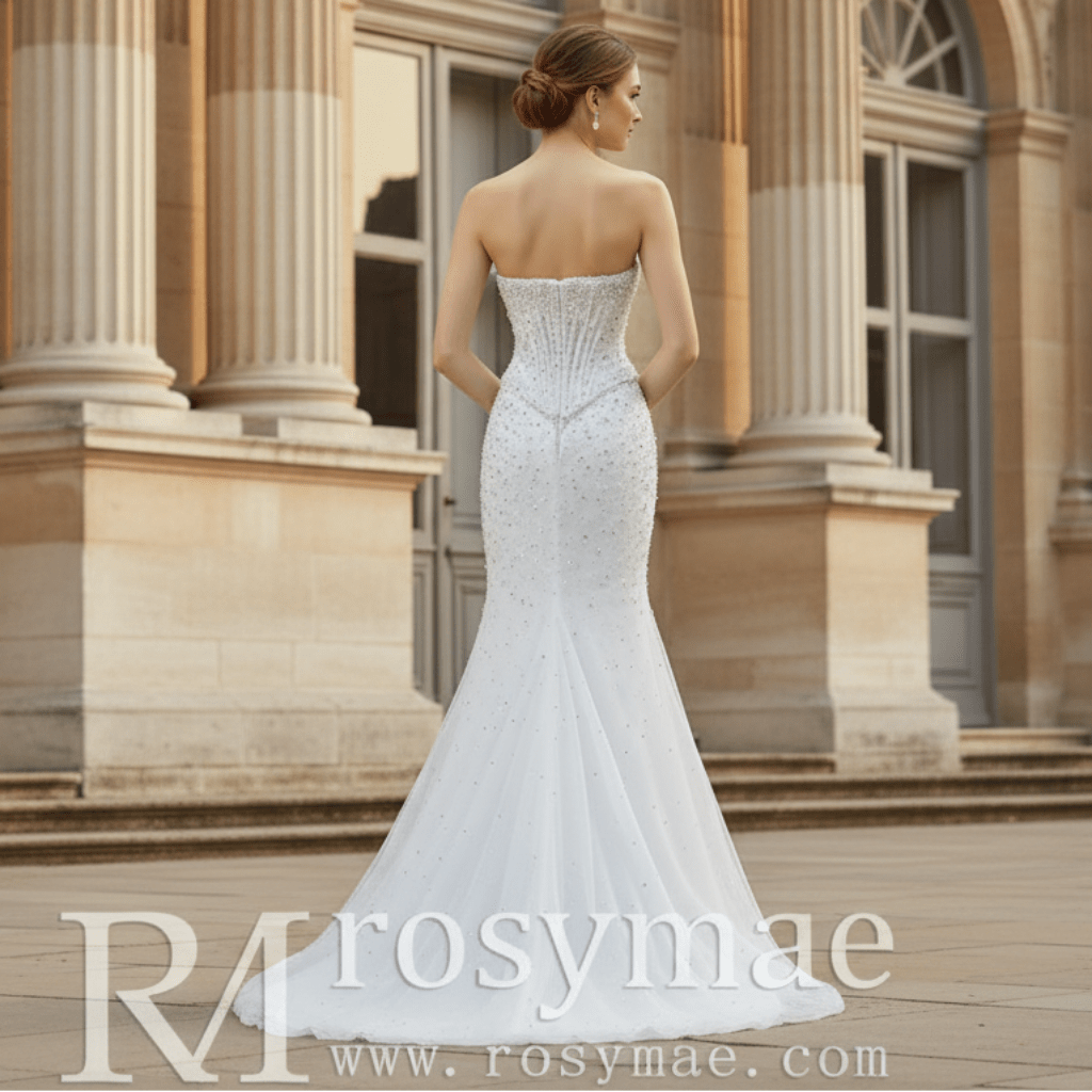 Off Shoulder Wedding Dress with Intricate Pearl Beading and Removable Skirt - Rosymae