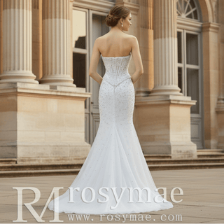 Off Shoulder Wedding Dress with Intricate Pearl Beading and Removable Skirt - Rosymae