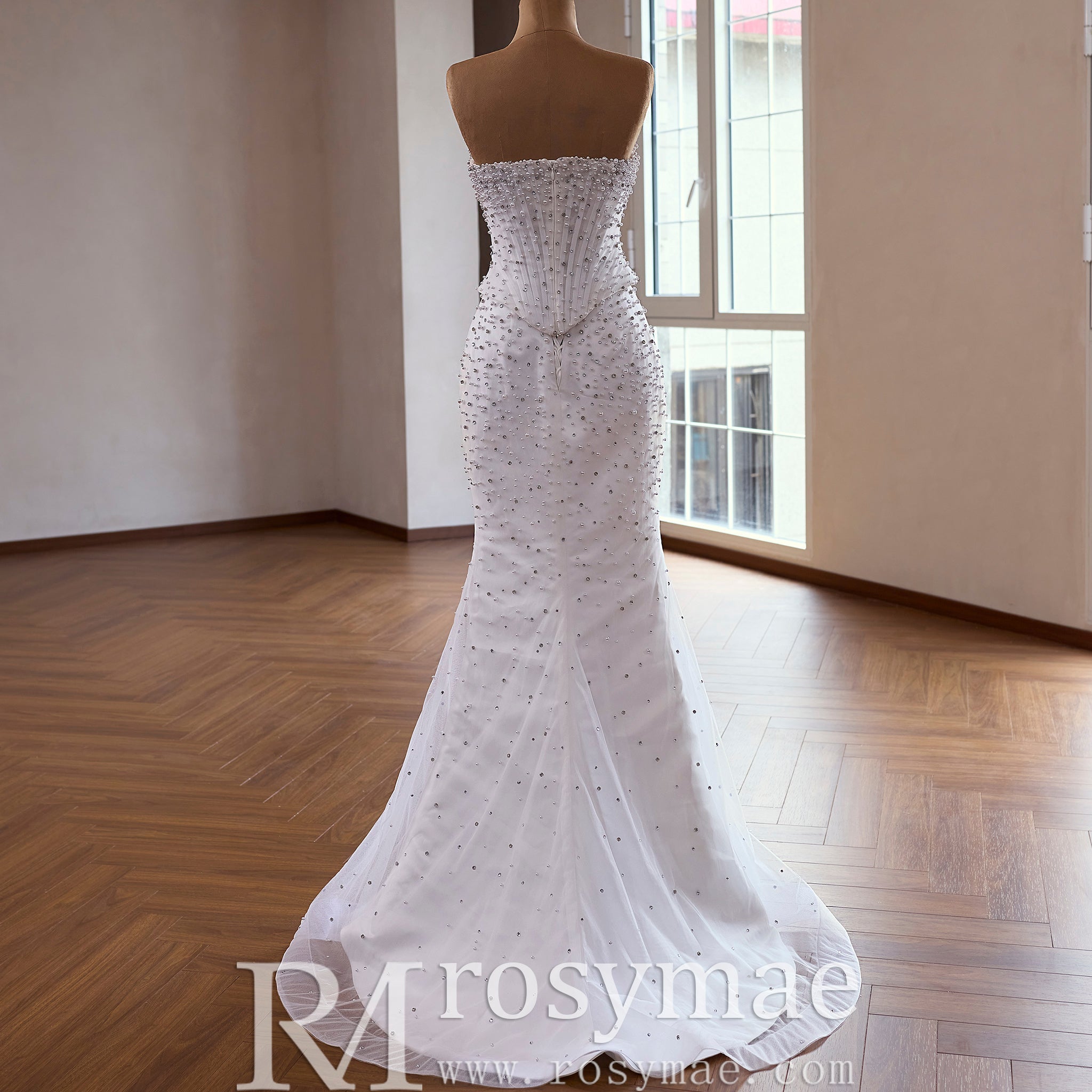 Off Shoulder Wedding Dress with Intricate Pearl Beading and Removable Skirt - Rosymae