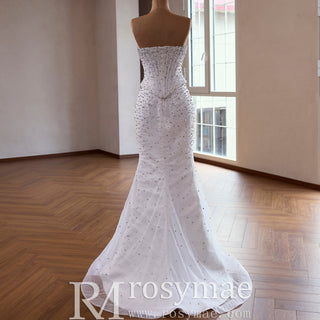Off Shoulder Wedding Dress with Intricate Pearl Beading and Removable Skirt - Rosymae